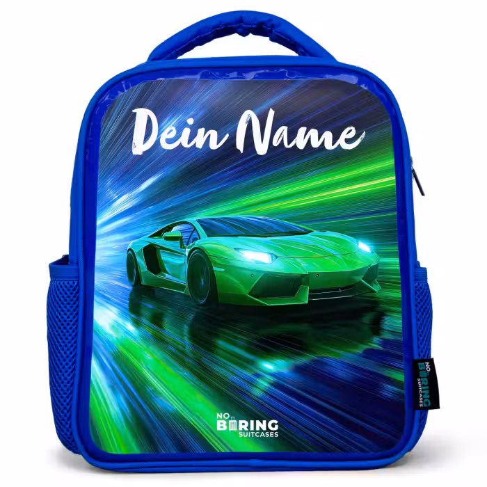 Kinderrucksack mit Namen - Blau - Sportwagen - Grün - Geschwindigkeitslinien - Neon